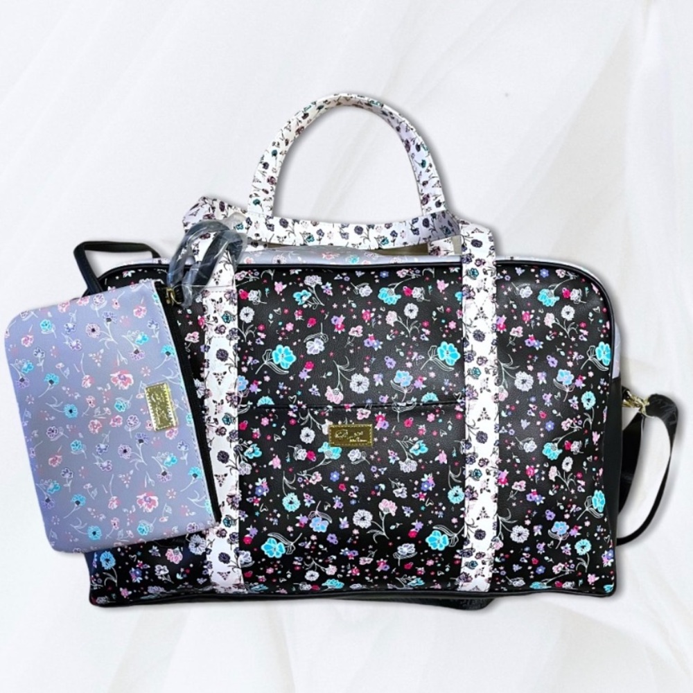 Betsey Johnson Black Floral Travel Bag with Purple Pouch